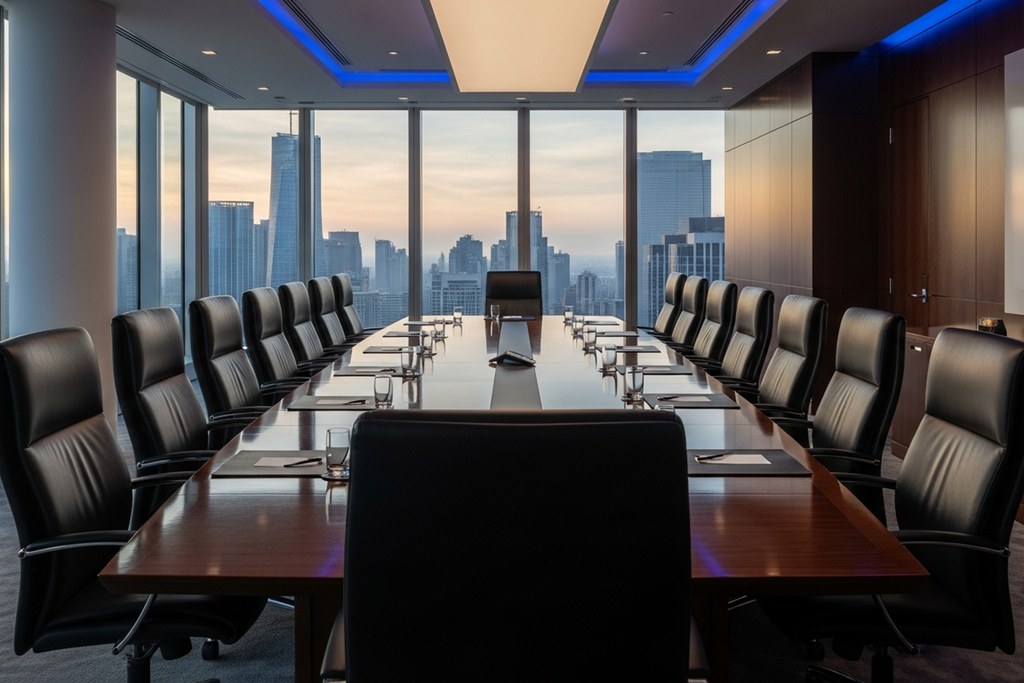 Empty executive boardroom with a long conference table surrounded by high-backed chairs, floor-to-ceiling windows overlooking a city skyline